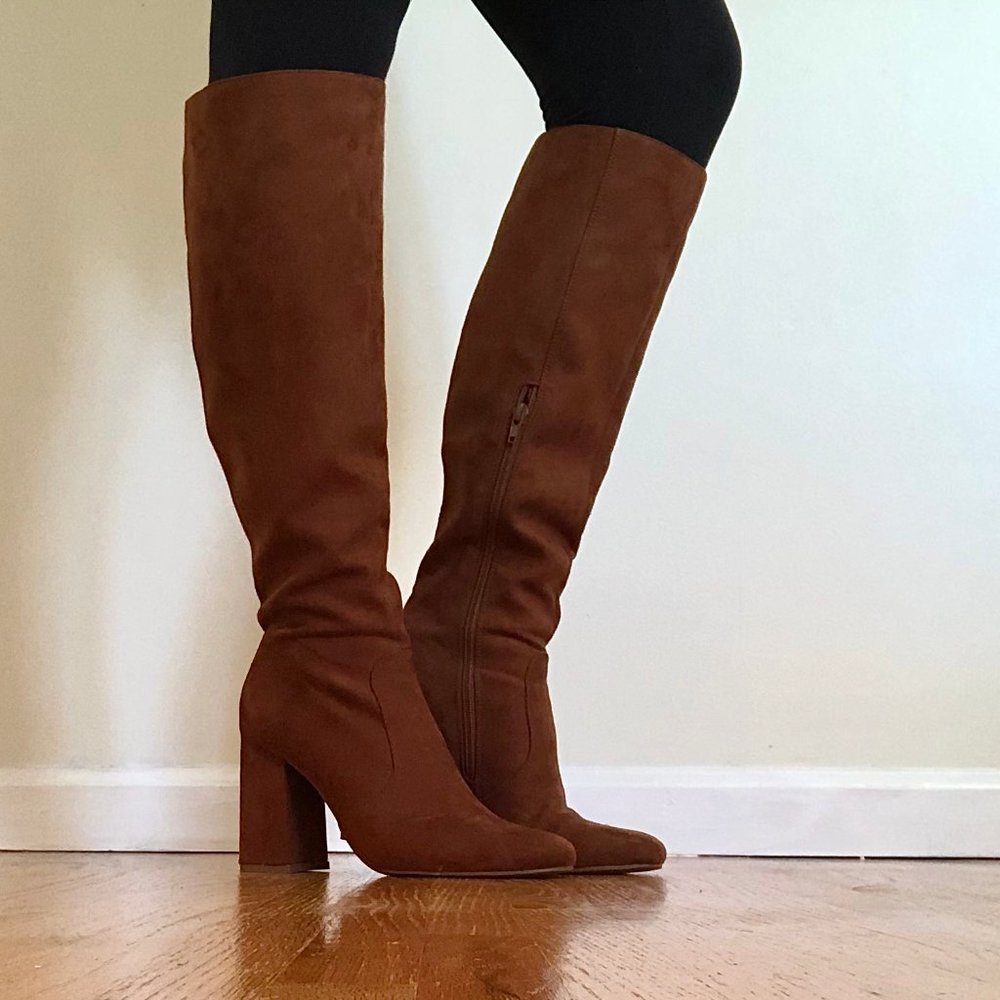 Brown Knee High Suede Heeled Boots